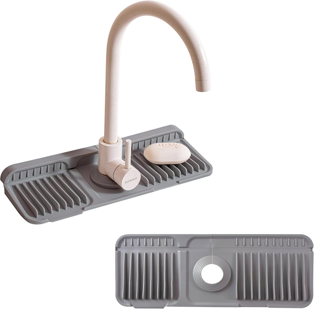 14.57" Silicone Sink Splash Guard - Essential Kitchen Sink Accessory with Drip Tray, Sponge Holder & Soap Dish, 6Slope for Easy Drainage, Foldable & Fasten Button for Perfect FitGrey (Gray)