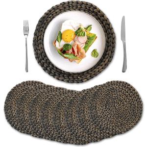 8 Pack, Round Woven Placemats, Natural Water Hyacinth Wicker Place Mats, Braided Straw Table Mats for Dining Table, Fall, Halloween, Thanksgiving, Chrismats, Black (13.8 inch)