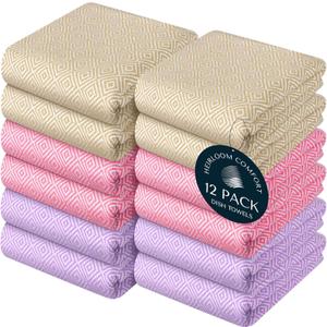 Multi Color Kitchen Towels 12 Pack, 100% Cotton, Diamond Weave Towel Set, 16"x26", Super Absorbent & Durable Dishcloths, Quick Drying for Drying Dishes - Beige, Dark Pink, Lavender