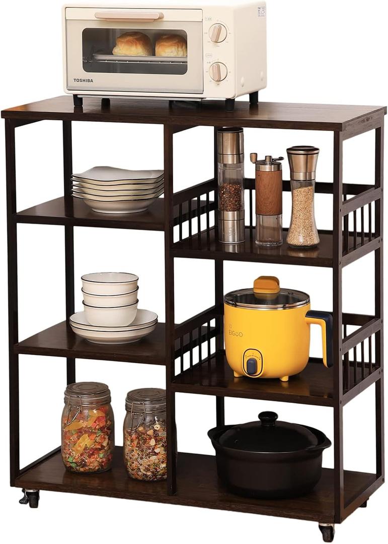Bamboo Kitchen Bakers Rack,4-Tier+4-Tier Coffee Bar, Microwave Oven Stand, Large Capacity Utility Storage Shelf Cart on Wheels for Home Kitchen, Living Room and Entrance, Accent (Dark Brown) (4&4)