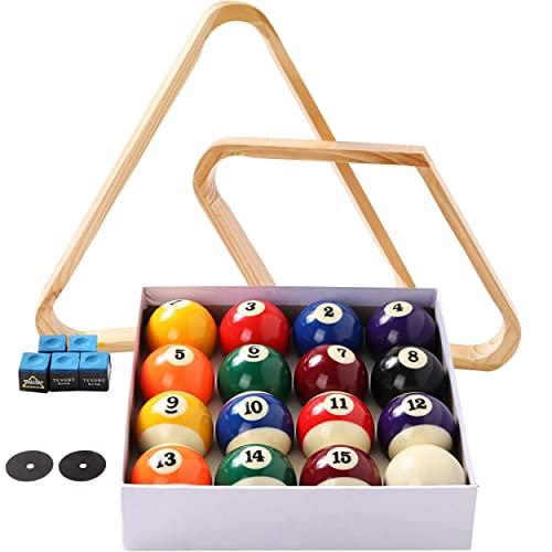 Billiard Balls Set, Pool Table Triangle Ball Rack and 9-Ball Diamond Rack (Wood), 5 Cue Chalks and 2 Table Spot Stickers - Pool Table Accessories