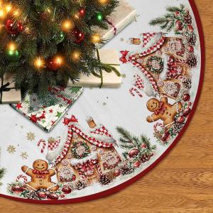 Christmas Tree Skirt 36Inches Christmas Gingerbread Sweet Candy Lollipop Xmas Tree Skirt Mat for New Year Holiday Christmas Party Red Gold Decorations (Red, 36in)