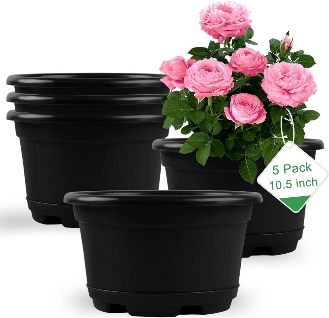 5 Pack 10.5 inch Plant Pots,Planter-Pots-for-PlantsPlastic Flower Pot for Indoor Outdoor Plants with Drainage Holes & Trays, Decorative Garden Containers Sets for Houseplants (Black)