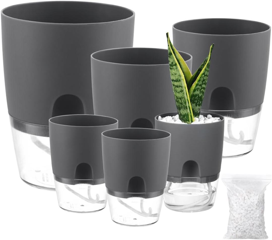 Planterhoma 6 Pack Self Watering Pots for Indoor Plants, 3.2/4/6 Inch Plant Pot Plastic Self Watering Planter for Orchid, African Violet, Small Clear Flower Pots with Drainage Holes and Wicking, Grey (Gray)