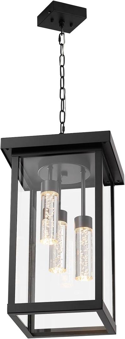 LOUSACE LED 3 Lights Outdoor Pendant Light for Porch, Large Black Exterior Hanging Light Fixtures with Clear Glass, Modern 5CCT Dimmable Outside Chandelier Pendant Porch Lights for Entrance Foyer
