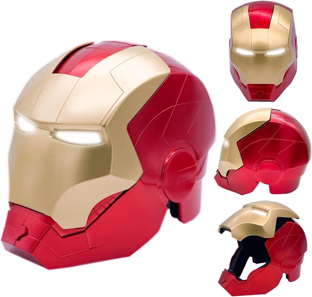 Open/Close Wearable Helmet with Eyes Glowing for Kids and Teens Mask Costume and Role-Play Dress Up (Red-gold)