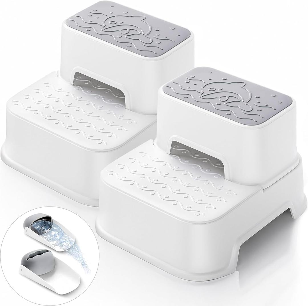 2-Step Toddler Step Stool, Non Slip Kids Step Stool for Bathroom Sink & Toilet Potty Training, Sturdy Stable Base, 10Height Supports 220 lbs (2Packs White)