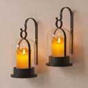 Black Glass Lanterns Wall Candle Sconces Set of Two, Vintage Metal Hurricane Wall Candle Holders Decorative, Hanging Lantern Rustic Farmhouse Decor for Home Bedroom, Hallway, Living Room