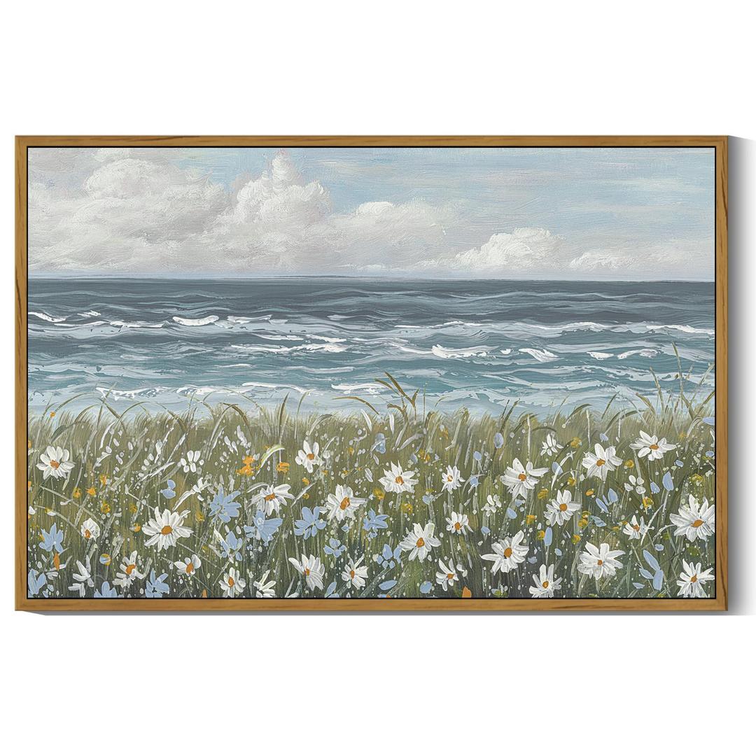 SHENIFY Vintage Landscape Framed Wall Art Sea Coastal Wildflower Field Scenery Farmhouse Decor Retro Painting for Living Room Bedroom Ready to Hang Wall Artwork - 24x36in Natural Framed