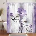 Rustic Farmhouse Shower Curtain, Farm Purple Daisy Floral Flowers and Butterfly on Country Wooden Shower Curtain for Bathroom, Violet Grey Bathroom Shower Curtains with 12PCS Hooks, 70X70IN