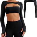 YEOREO Seamless Long Sleeve Shrug for Women Gym Crop Top Workout Cropped Sports Bolero (Medium, Black)