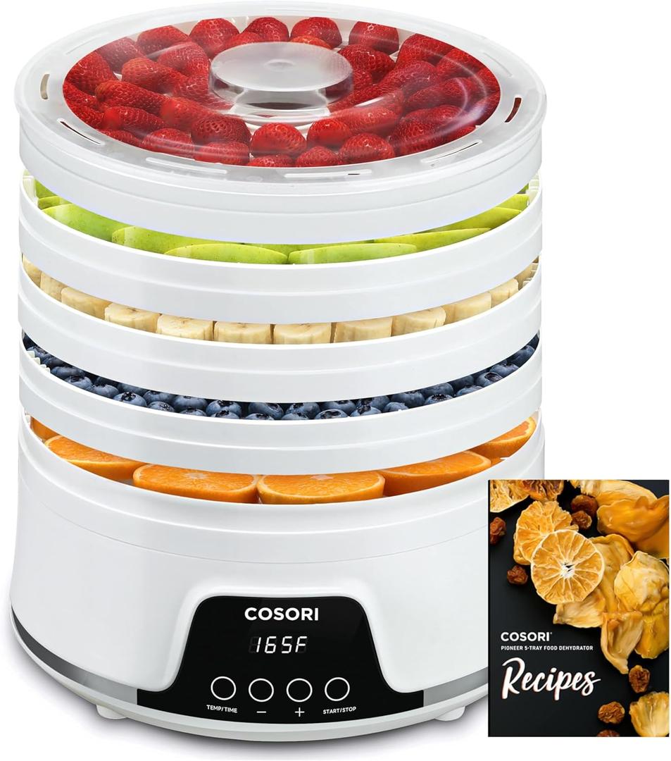 COSORI Food Dehydrator Machine for Jerky, 5 Trays with 165F Temperature Control and 48H Timer, 350W Dryer for Fruit, Herbs, Meat, Veggies and Dog Treats, 50-Recipes Book Included (White)