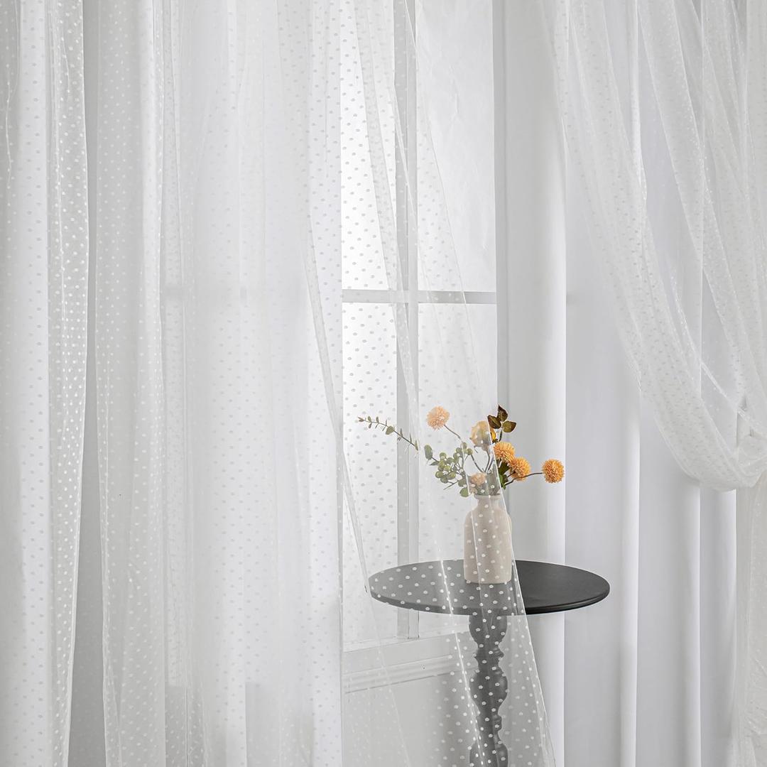 MYSKY HOME White Curtains for Girls Bedroom & Nursery Kids Cute Curtains 63 Inch Long Double Layer with Polka Dots Sheer, Grommet Tops, 52" Wide Each Panel, 2 Panels