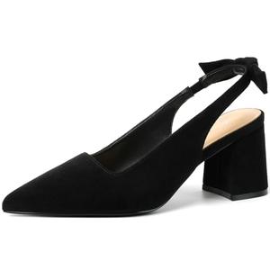 Mostrin Black Suede Block Slingback Heels for Women Pointed Closed Toe Chunky Heels Bow Women's Pumps for Office Work Business Casual 36.5