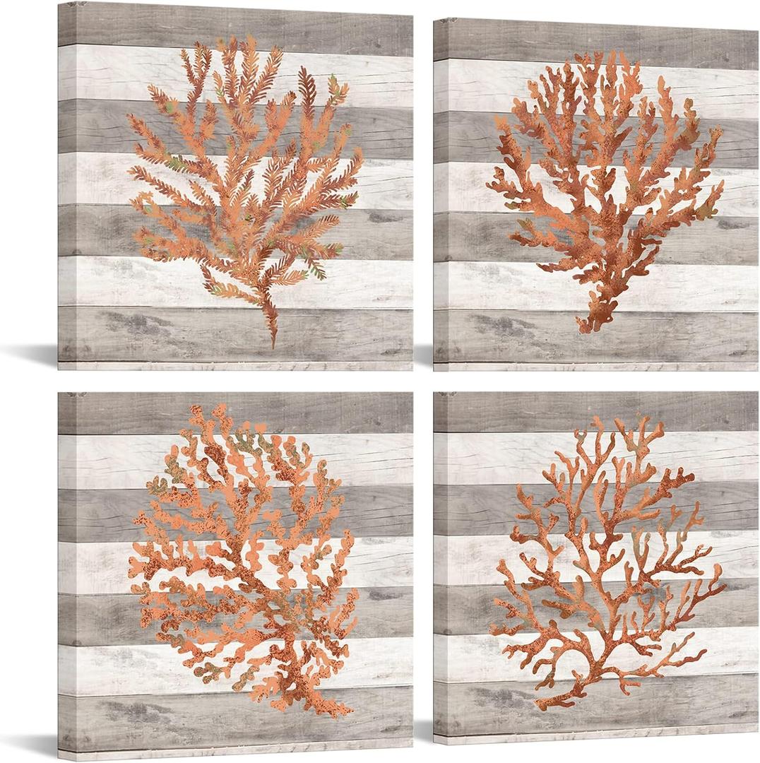 iKNOW FOTO Retro Orange Coral Canvas Prints Ocean Beach Wall Art for Bedroom 4 Pieces 12x12'' Framed Watercolor Paintings Marine Plants Pictures Ready to Hang for Bathroom Home Decoration (Small)