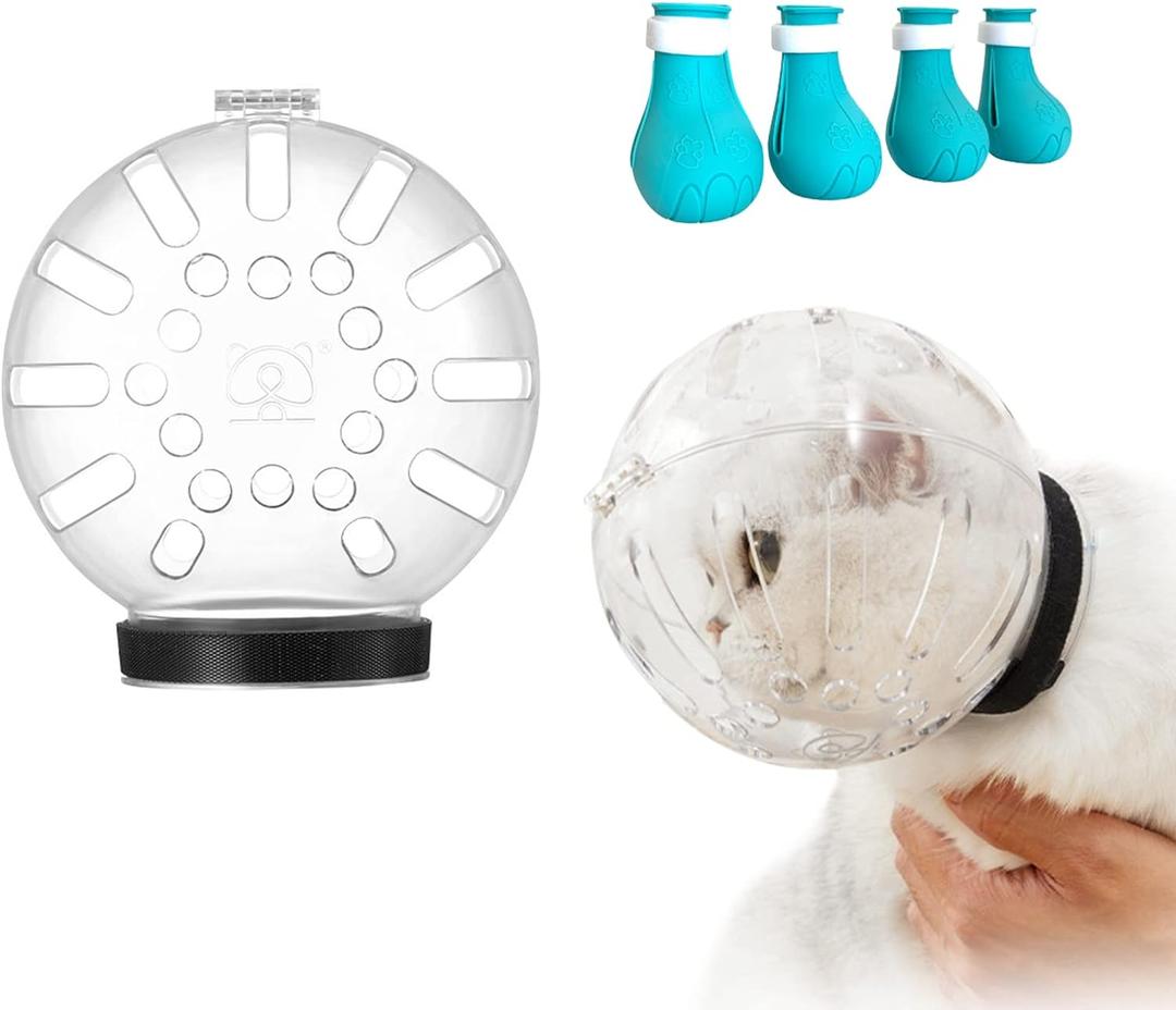 Cat Muzzle and Boots, Adjustable Helmet for Grooming, Breathable Hood Face Mask for Shaving Head Bubble Cover, Anti Bite Headgear Cat Holder for Bathing