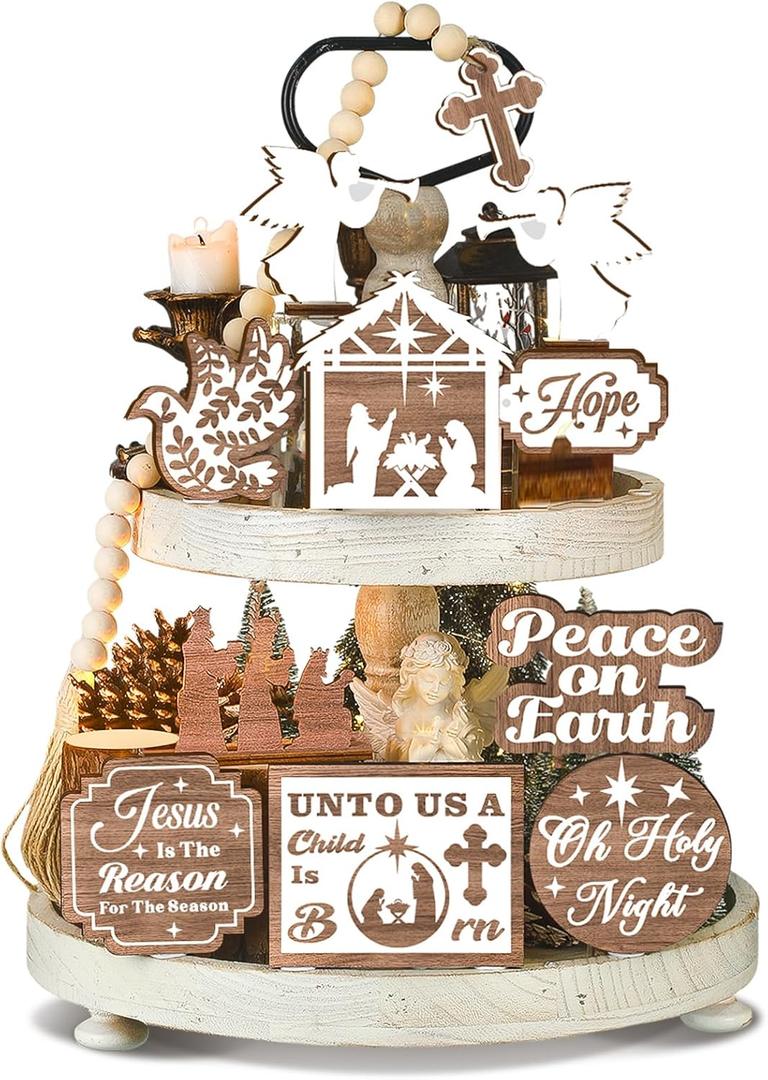 17 Pcs Christmas Christian Tiered Tray Decor Set Jesus Theme Tray Decorations Religious Tabletop Centerpiece Angel Wooden 3D Star Sign for Xmas Winter Home Farmhouse Rustic Table Decoration