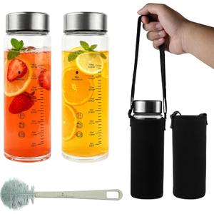 Glass Juice Water Bottles 2 Pack 20 OZ,Wide Mouth Glass Water Bottles with Lids and Sleeve,for Juicing, Smoothies, Milk, Protein, Reusable, Leak Proof, Shaker bottle
