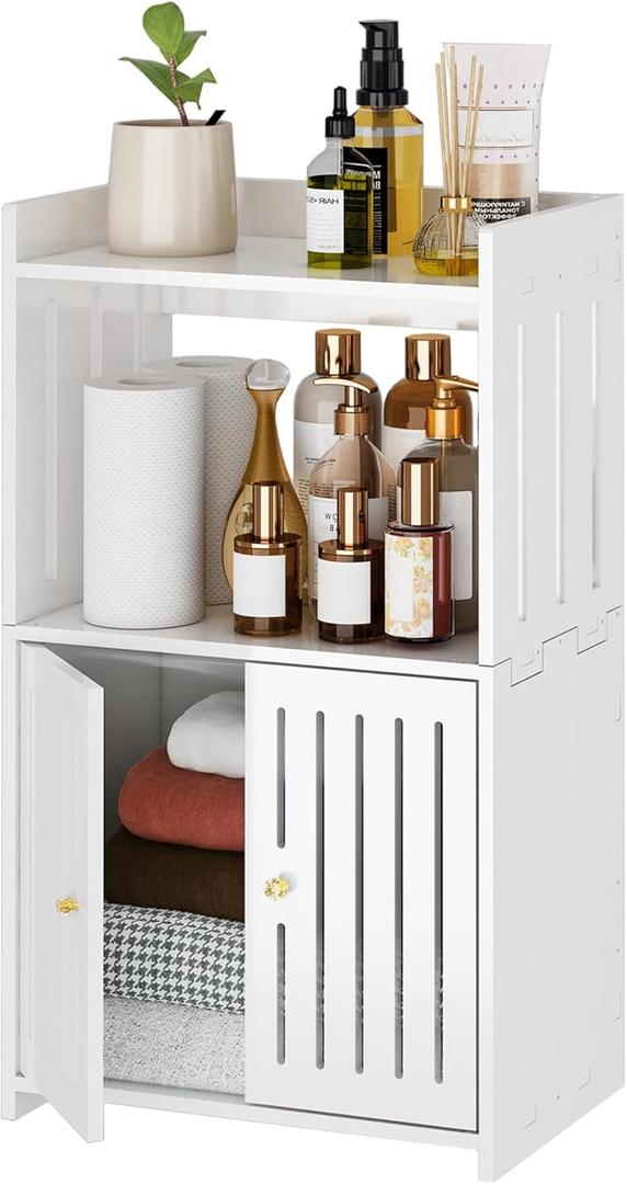 3-Tier Bathroom Storage Cabinet, Small White Floor Cabinet Freestanding Organizer with Door for Living Room Hallway Small Space