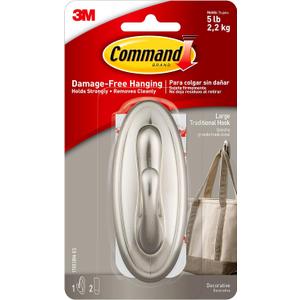 3M Command 17053BN Traditional Plastic Hook, Large, Brushed Nickel