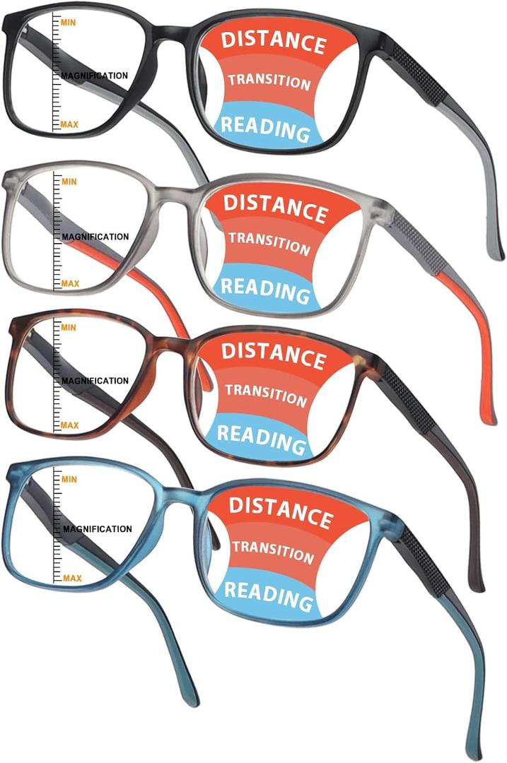 Progressive Multifocus Reading Glasses Men Women Blue Light Blocking Readers with Spring Hinge Two-tone Design (4 Mix Color-1)