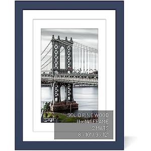 UHFWIFR 11x14 Picture Frames Solid Wood Display Pictures 9x12 or 8x10 with Mat or 11x14 Frame without Mat Poster Photo Frame Art with 2 Mats for Wall Mounting or Table Top(Jazz Blue)