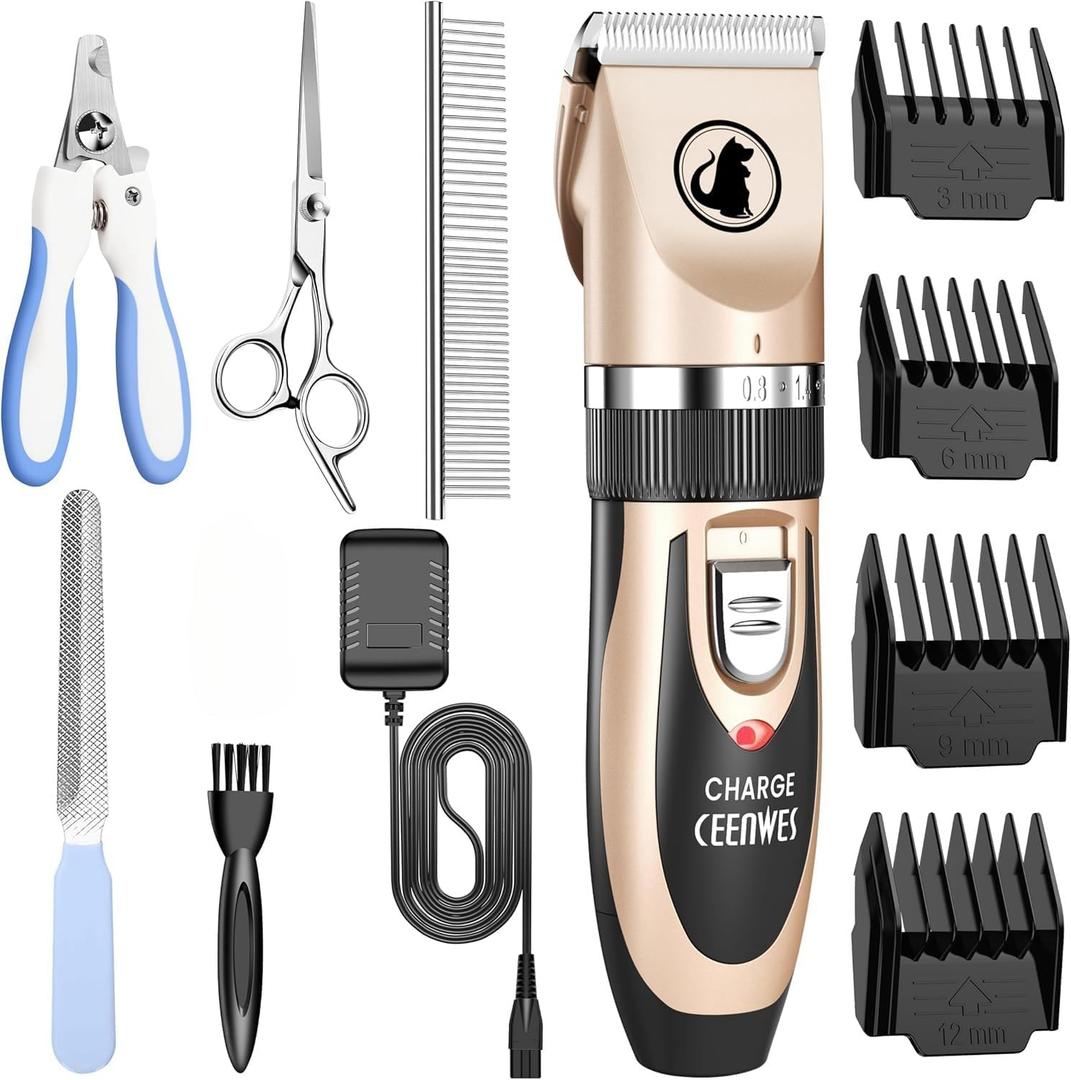 Ceenwes Dog Clippers Low Noise Pet Clippers Rechargeable Trimmer Cordless Grooming Tool Professional Dog Hair Trimmer with Comb Guides Scissors for Dogs Cats & Others, Gold