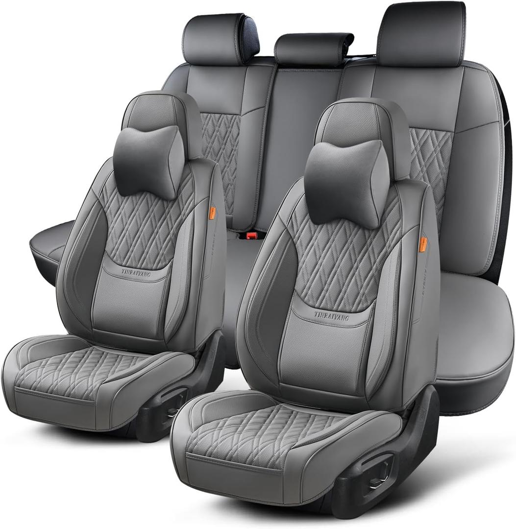 Car Seat Covers Full Set, Breathable Leather Automotive Front and Rear Seat Covers & Headrest, Universal Automotive Vehicle Seat Cover for Most Sedan SUV Pick-up Trucks, Gray Car Seat Covers Full Set, Breathable Leather Automotive Front and Rear Seat Covers & Headrest, Universal Automotive Vehicle Seat Cover for Most Sedan SUV Pick-up Trucks, Gray
