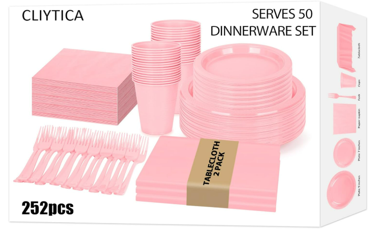 252 Pcs Pink Plastic Plates for Party,50 Guest Disposable Plastic Plate Set 9" Plates,7" Dessert Plates,Napkins,Cups,Forks & Tablecloth for Birthday,Wedding,Baby Shower,Girlfriends Tea Party