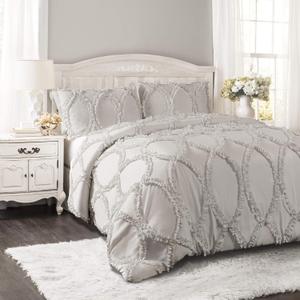 Lush Decor Avon Comforter Set, 3 Piece Set, Full/ Queen, Light Gray - Gray Comforters Queen Size Comforter - Ruffled Bedding Set - Vintage Coquette Decor