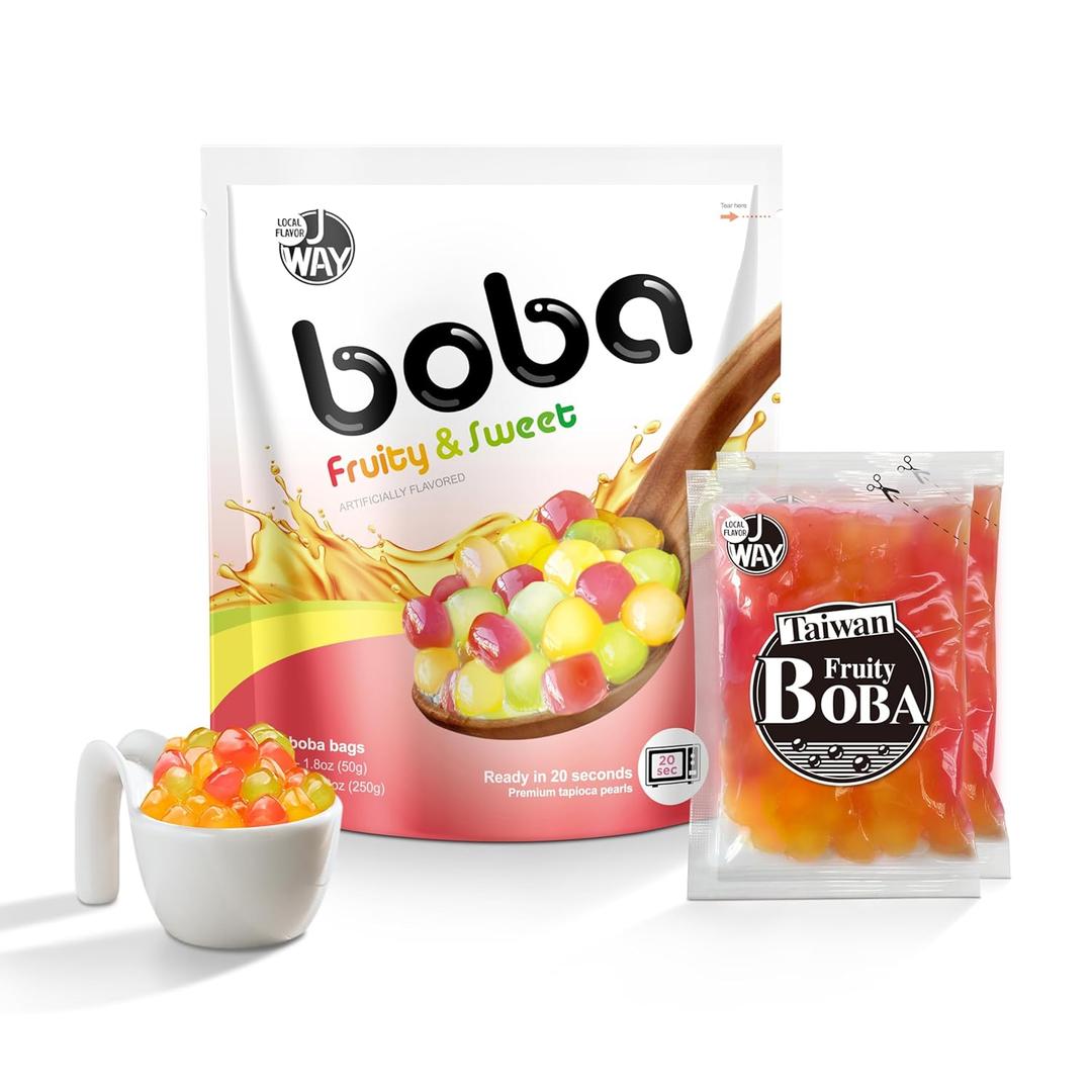 J WAY BOBA Authentic Instant Tapioca Boba Pearls for Milk Tea, Smoothies and Desserts, Tropical Fruit Flavor (Ready in Just 20 Seconds)  4 Servings, 28 February,2026