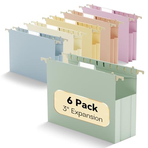 NORDUN Plastic Hanging File Folders Extra Capacity,3" Expanding Pocket Letter Size,Expandable Large Pastel Hanging Folders,Adjustable Tabs,Heavy Duty Filing Cabinet Folder for Bulky Files,6 Pack