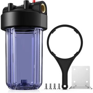SimPure Whole House Water Big Filter Housing (DB10C), 10" x 4.5", Blue for Whole Home Water Filtration, Sediment Water Filter System for Well, 1" NPT Brass Port (Clear Housing)