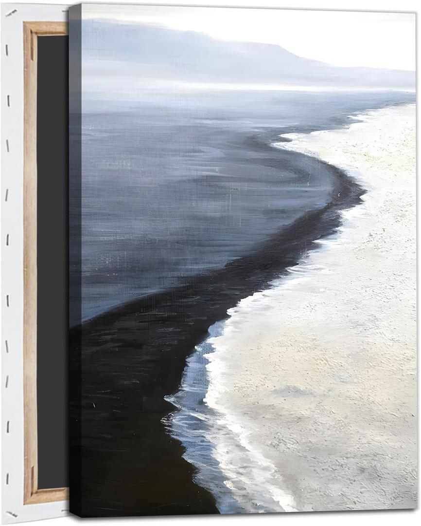 Navy Blue Ocean Painting Blue Sea Wave Picture Abstract Sea Wall Art Black and White Beach Painting Coastal Seascape Pictures Nature Seascape Canvas Beach Scene Poster for Bedroom 16x24in with Frame