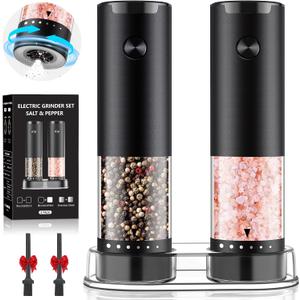 Electric Salt and Pepper Grinder Set, Automatic Salt and Pepper Grinder Set with Upgraded 6-Level External Adjustable Coarseness, Battery Operated, Easy Filling, Larger Capacity with Led (Black/Black)