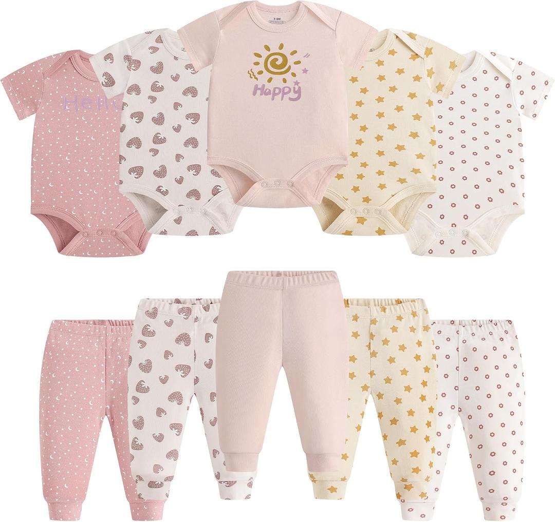 Infant Unisex Baby Bodysuit and Pant Sets Layette 10-pcs Cotton Soft Newborn Boy Girl Clothes Outfits (Pink, S)