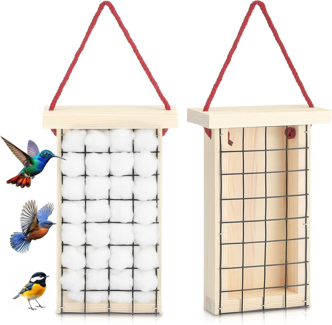 DoubleFill 2 Pack Wooden Hummingbird Nesting Material Alpaca Fiber Bird Nesting Material Holders Refillable Rustic Hanging Helper Cage Wild Birds House for Outdoor Garden Cotton Not Include