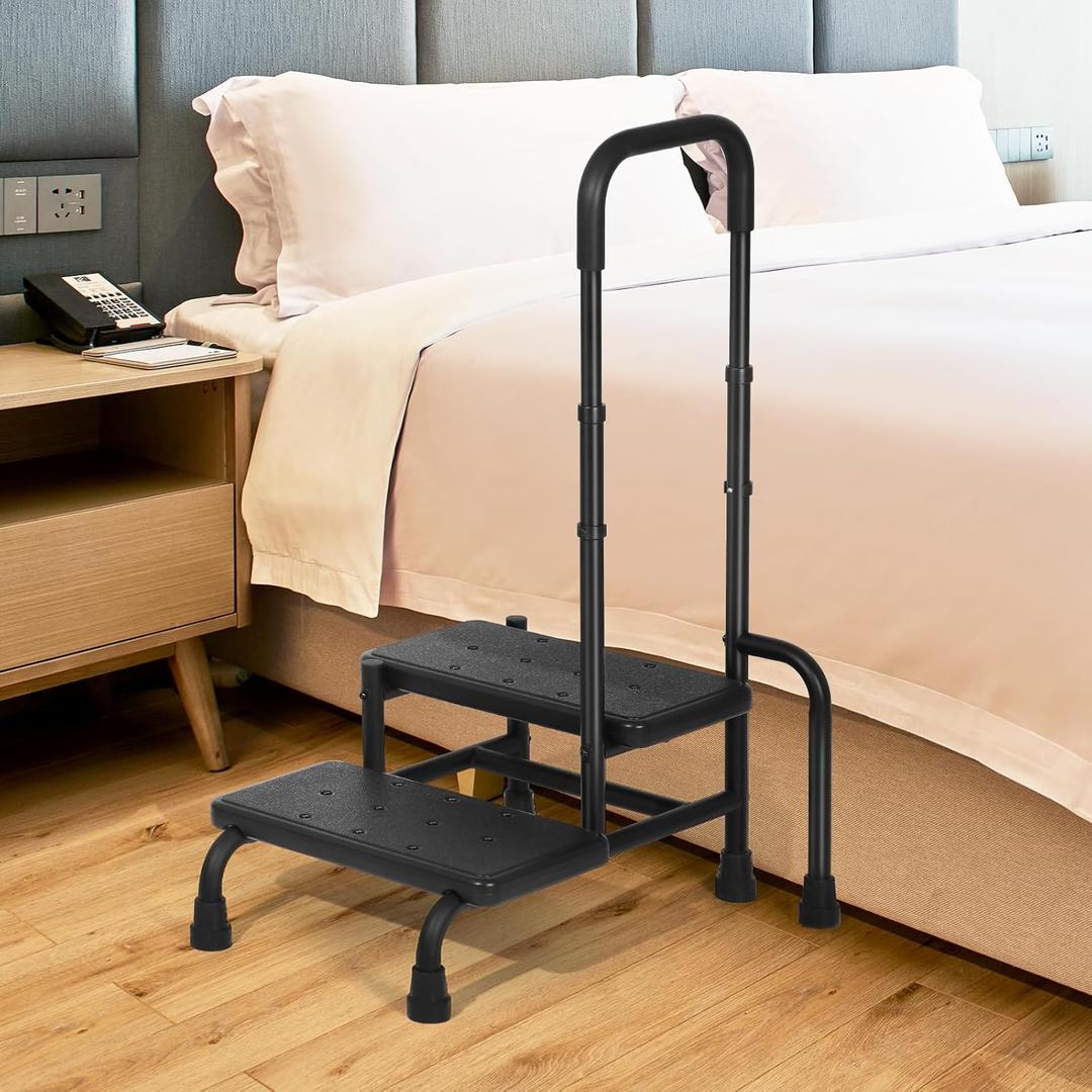 Step Stool with Handle, 2-Step Stools and Adjustable Handrail & Non-Skid Platform for Child, Adults, Elderly, Holds up to 400 Pounds Bed Step Foot Stool for Kitchen, Bedside, RV Car, Bathtub