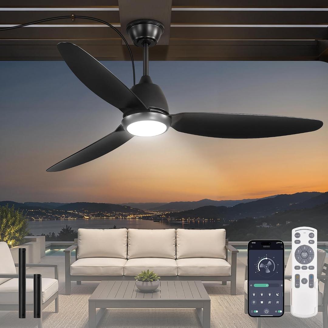 52" Outdoor Ceiling Fan with Lights,Plug in Hanging,IP65 (Black) | APP & Remote Control,6 Speeds,Reversible DC Motor,3000-6000K Dimmable LED,Perfect for Covered Patios,Gazebos,Pergola,Porches