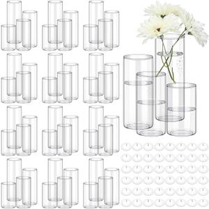 Jinei 48 Pcs 4 Sizes Glass Cylinder Vase Round Clear Vases Hurricane Floating Candle Holder with 96 Pcs Floating Candles for Holiday Wedding Centerpieces Party Event Home Decor (4/5/ 6/7 Inch Tall)
