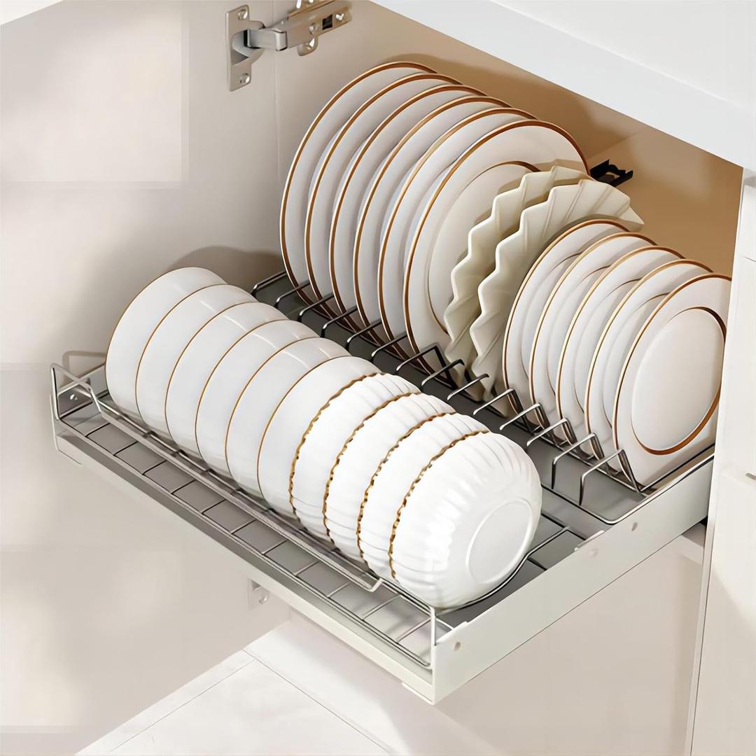 Pull-out Cabinet Organizer Fixed with Adhesive Nano Film, Slide out Dish Drying Rack for Kitchen Cabinets, Pull Out Drawer for Kitchen Under Sink Organizer