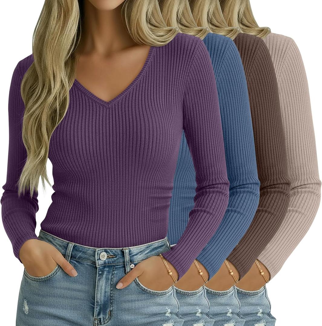 4 Pack Women Long Sleeve Shirts, 95% Cotton V Neck Ribbed Knit Tops Fitted Lightweight Basic Going Out Shirts (Small, Light Khaki, Mocha Brown, Royal Blue, Grape Purple)