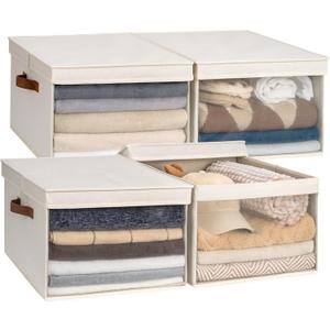 StorageWorks Storage Bins with Lid and Clear Window, Fabric Storage Boxes with Lids, Stackable Basket for Shelves, Closet Organizer and Storage Bins, Beige, Jumbo, 4-Pack
