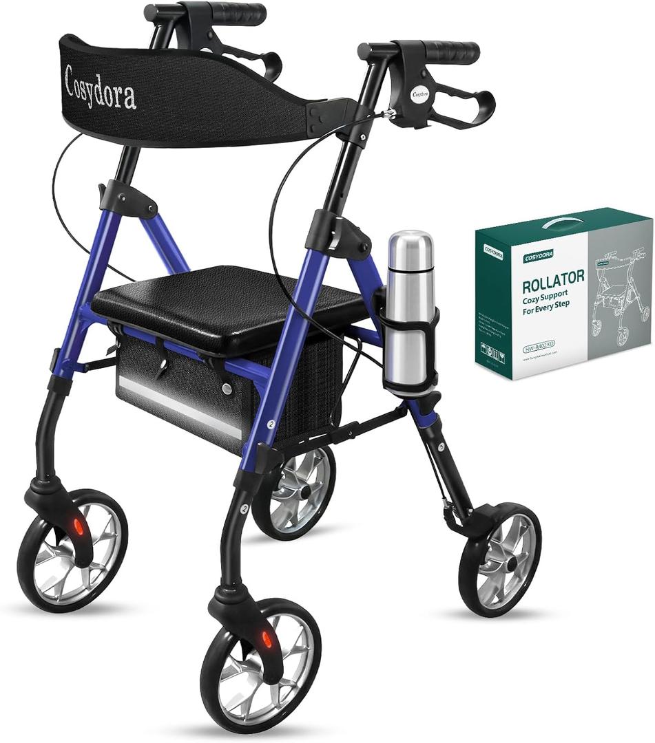 Cosydora Rollator Walkers for Seniors with Seat, 13.6 Lbs Ultra Lightweight Foldable Rolling Walker, 350Lbs Heavy Duty Aluminum, 8" All Terrain Wheels, Dual Adjustable Height, Navy Blue