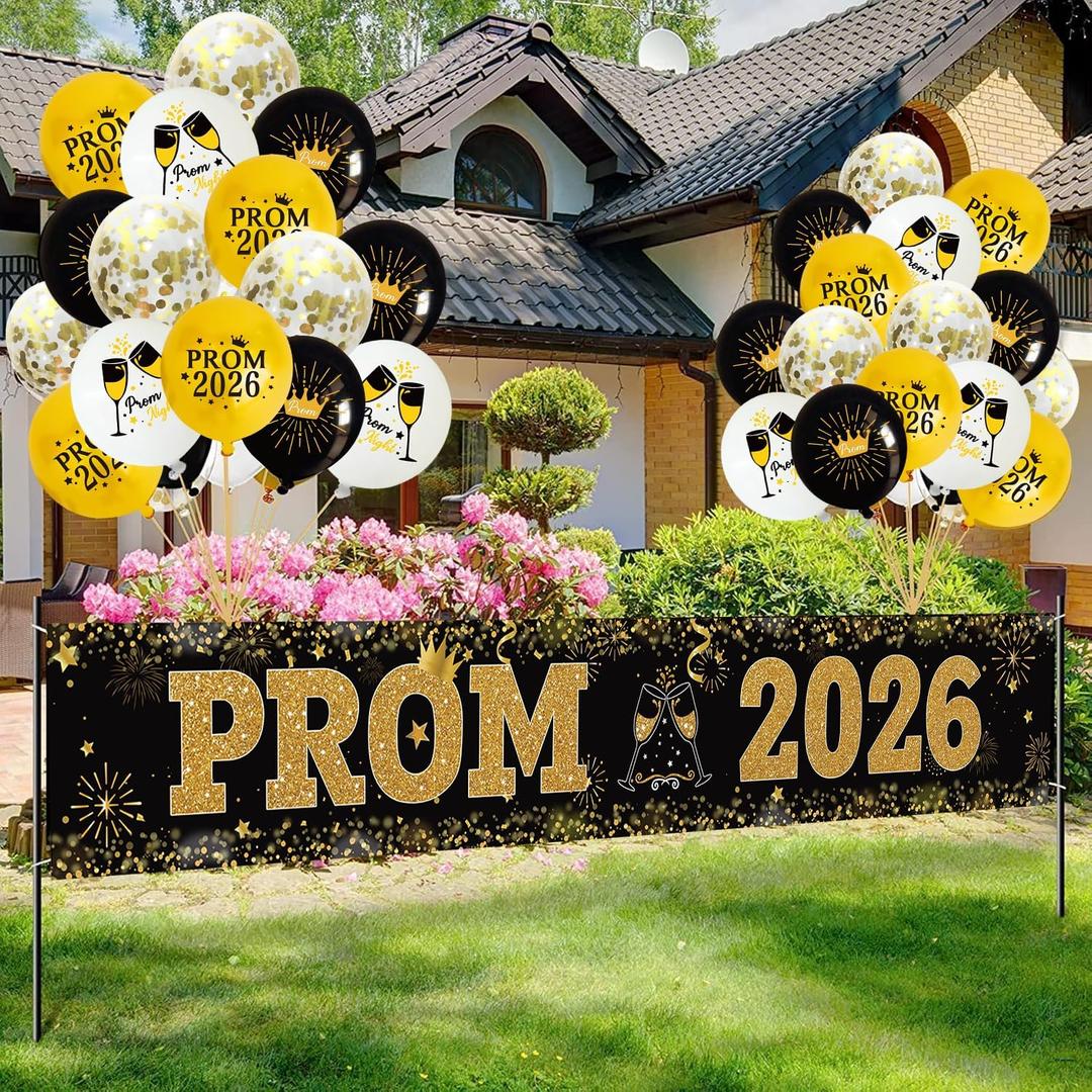 Graduation Prom Banner Decorations for Party 2026, Black and Gold Prom 2026 Decorations Yard Sign Banner with Balloons for Prom Send Off Decorations 2026, 9.8 X 1.6 ft