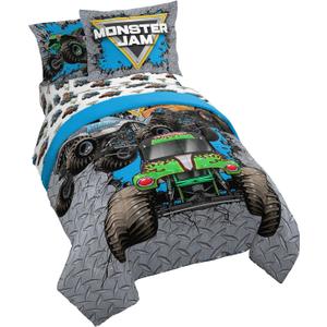 Jay Franco Kids Comforter Set Includes Sheets and Pillow Covers - Soft and Cozy Bed Set for Stylish Room Decor, Gray - Monster Jam 01, 7 Piece Full Size Bedding