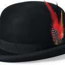 Mens Bowler Hat 100% Wool Black Womens Derby Hats with Feather Costume Hats Short Brim Felt Fedora Hat Dress Up