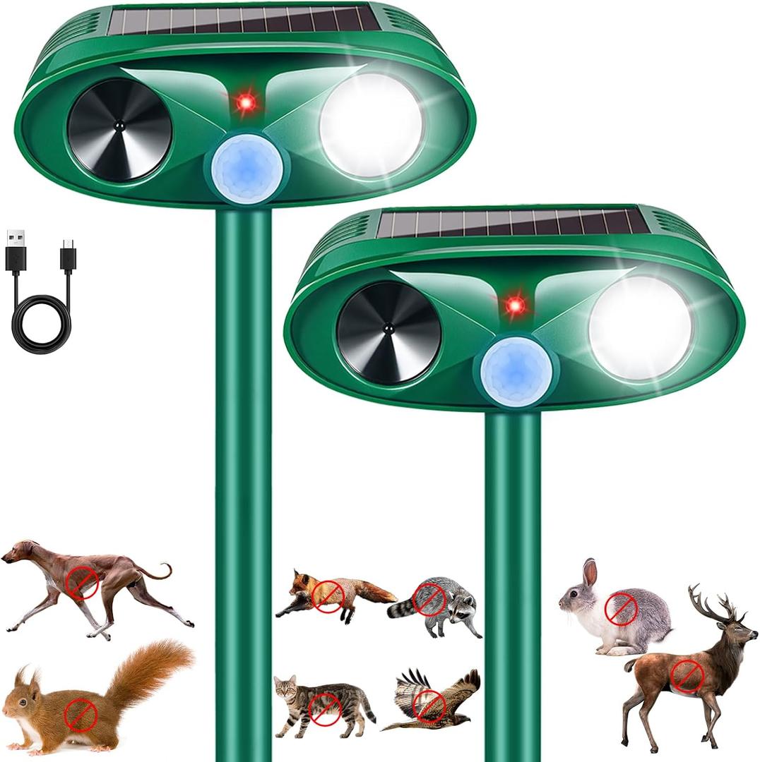 Upgraded Sonic Fortress Pro Deer Repellent Devices Squirrel Rabbit Cat Raccoon Deterrent Solar Ultrasonic Animal Repellent Outdoor with Motion Activated Strobe Light for Yard Garden Protection,2Pack