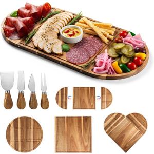 26 Inch Large Acacia Wood Charcuterie Board Set with 4 Knives, 3-Piece Magnetic Cheese Board & Serving Tray for Entertaining, Wedding Gifts, Party Platters