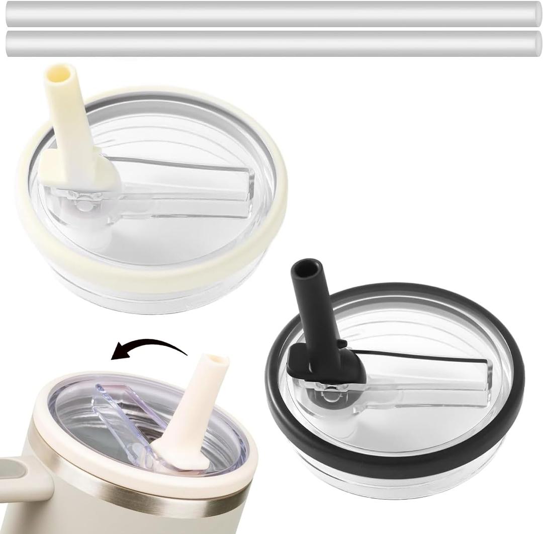 Stanley 2 Pack 30 oz Tumbler Flip Straw Lid, Leak Proof, Spill Proof Reusable Lid (Black+Cream, 30 oz)